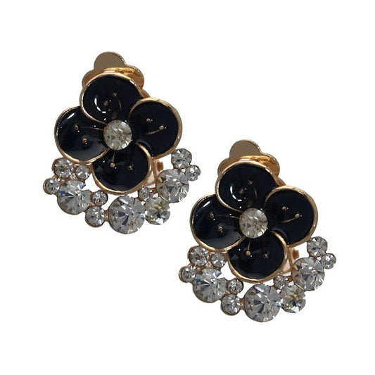 Daimhin Gold tone Black Crystal Flower Clip On Earrings