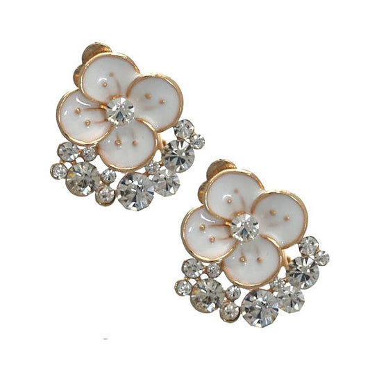 Daimhin Gold tone White Crystal Flower Clip On Earrings