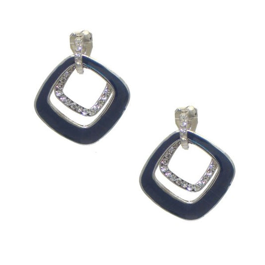 DEVIKA Silver tone Square Navy and Crystal Clip On Earrings