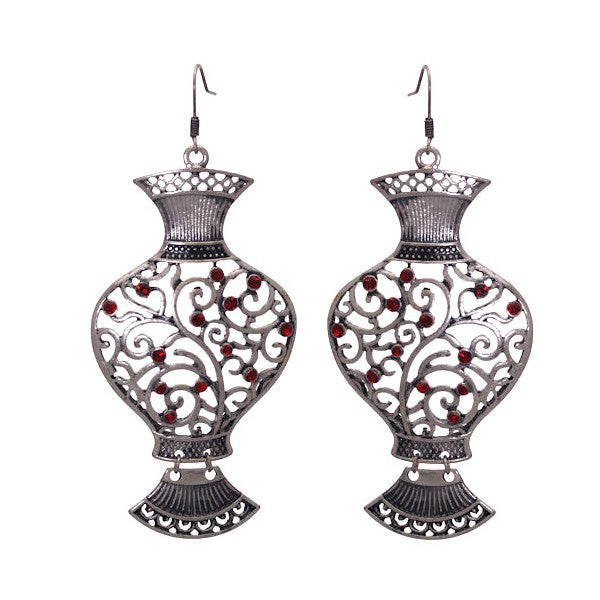 DISHA Antique Silver tone Red Crystal Hook Earrings