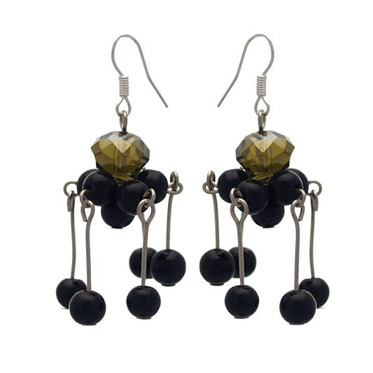 DONNALEE Silver tone Black long Drop Bead Hook Earrings