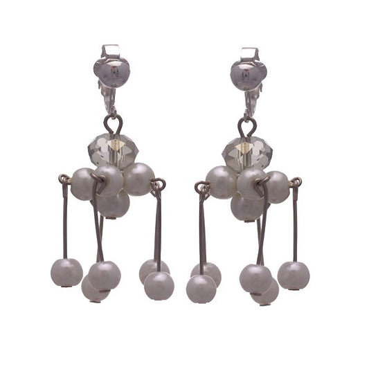 DONNALEE Silver tone White long Drop Bead Clip On Earrings