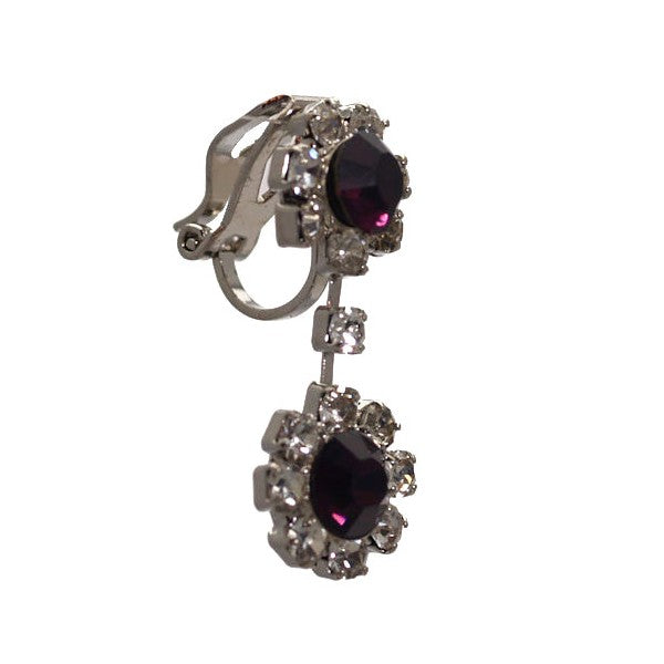 Dottie Silver tone Dark Amethyst Crystal Clip On Earrings