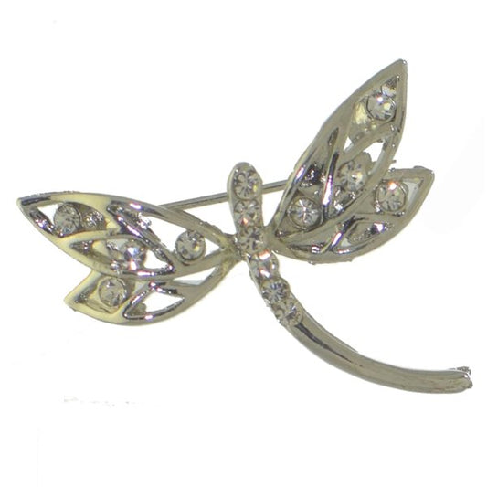 DRAGONFLY silver tone crystal brooch