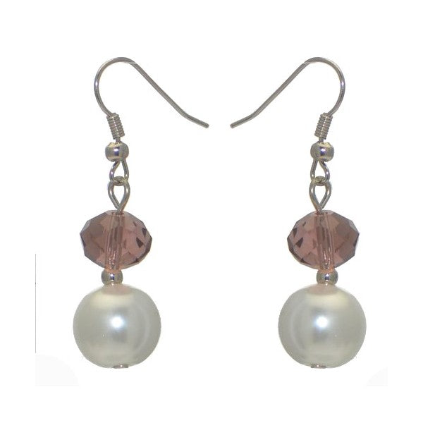 EDANA Silver tone Amethyst Crystal White faux Pearl Hook Earrings