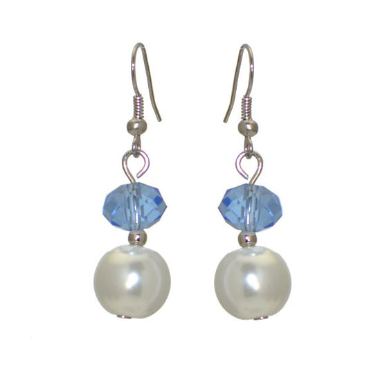 EDANA Silver tone Blue Crystal White faux Pearl Hook Earrings