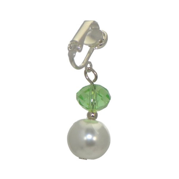 EDANA Silver tone Green Crystal White faux Pearl Clip On Earrings