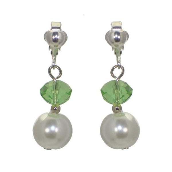 EDANA Silver tone Green Crystal White faux Pearl Clip On Earrings