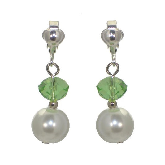 EDANA Silver tone Green Crystal White faux Pearl Clip On Earrings