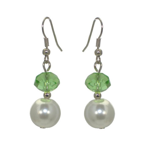 EDANA Silver tone Green Crystal White faux Pearl Hook Earrings