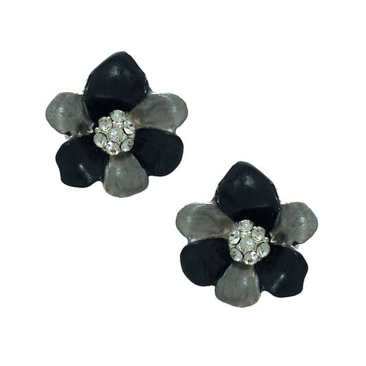 Eileen Silver tone Black Grey Crystal Flower Clip On Earrings