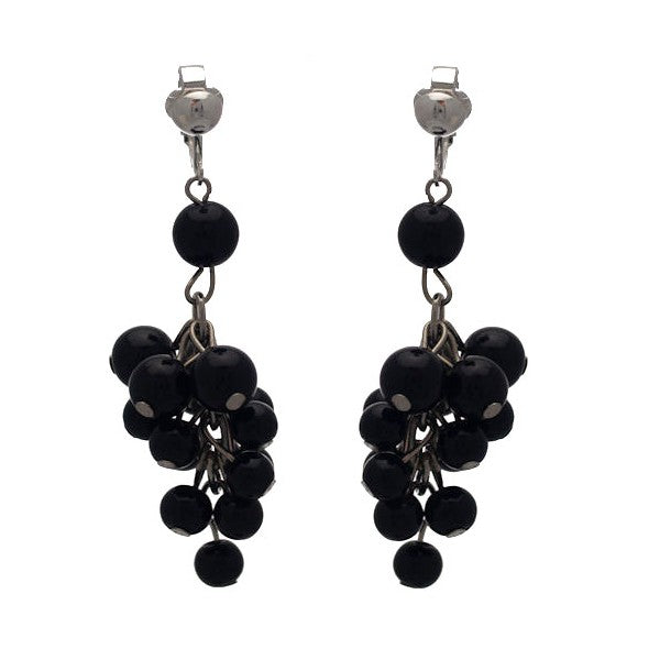 ENRICHETTA Silver Black Bead Multi Drop Clip On Earrings