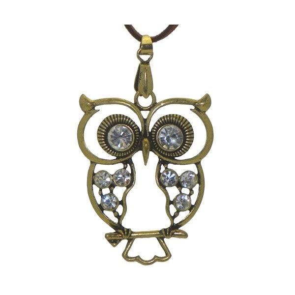 ERROL Antique Gold tone Crystal Owl Thong Necklace