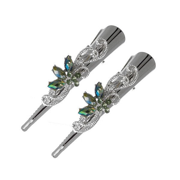Exquisite Silver tone Pair 75mm Green Crystal Beak Clips