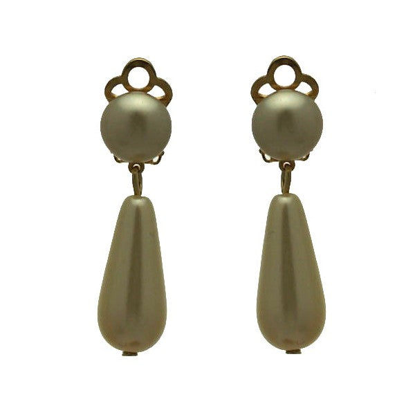 Farica Large Gold plated Cream faux Pearl Drop Clip On Earrings