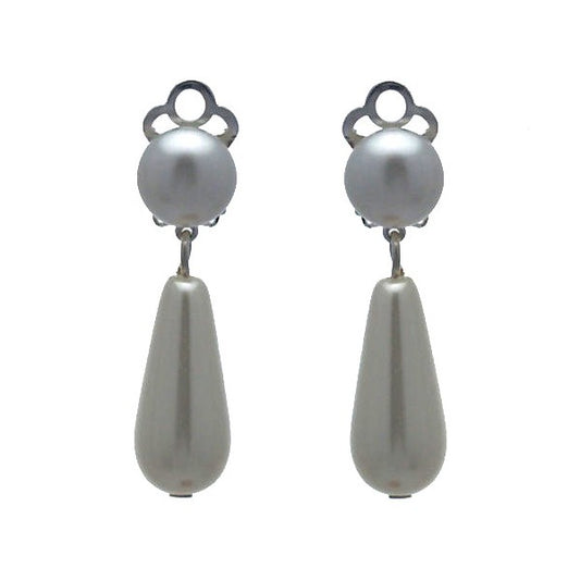 Farica Large Silver tone White faux Pearl Drop Clip On Earrings