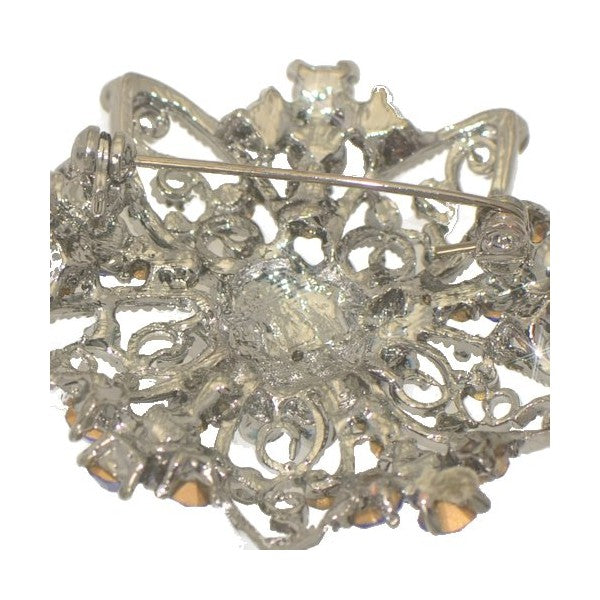 FLORINDA Silver Plated Light and Dark Sapphire Crystal Flower Brooch