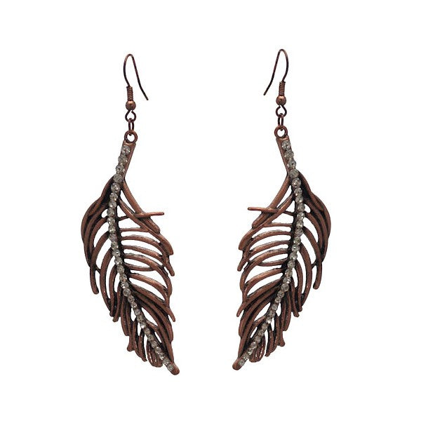 FOLLAS Copper Tone Crystal Leaf Hook Earrings