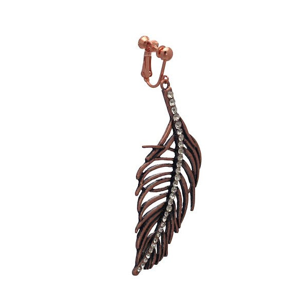 FOLLAS Copper Tone Crystal Leaf Screw Back Clip Earrings