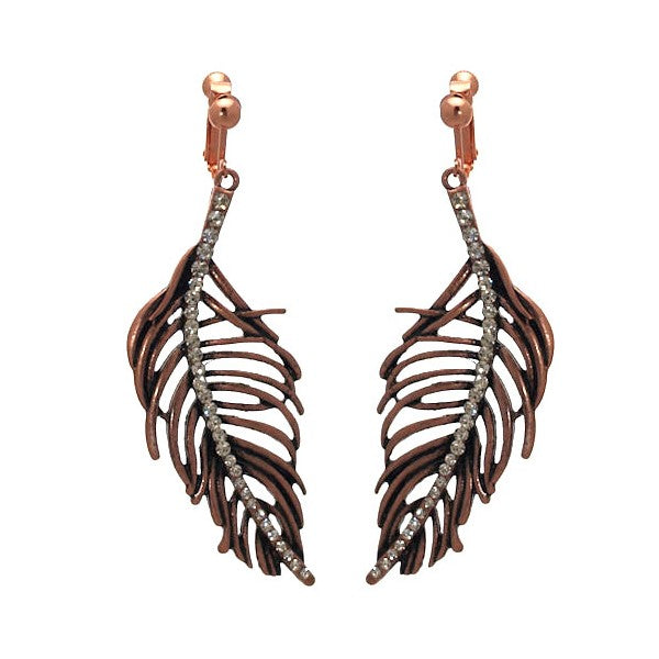 FOLLAS Copper Tone Crystal Leaf Screw Back Clip Earrings