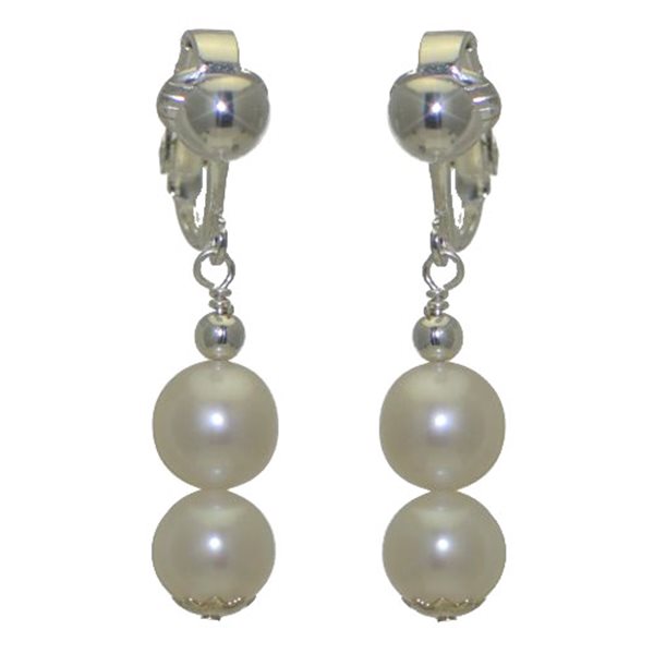 FRESCA DOUBLE Silver Plated 10mm Freshwater Pearl Clip On Earrings