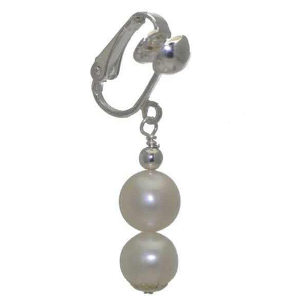FRESCA DOUBLE Silver Plated 10mm Freshwater Pearl Clip On Earrings