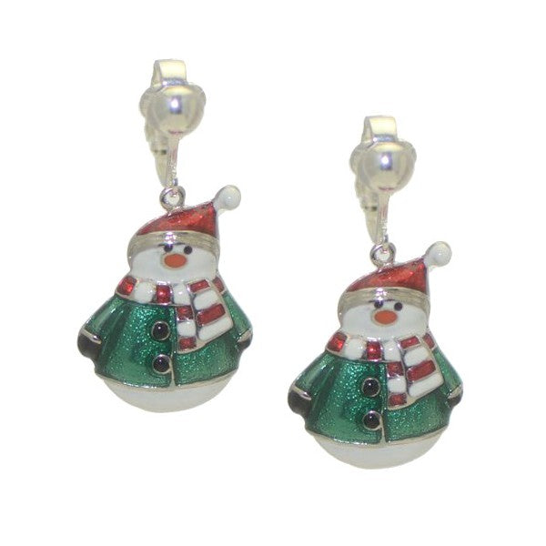 FROSTY Silver Plated Green and Red Snowman Clip On Earrings