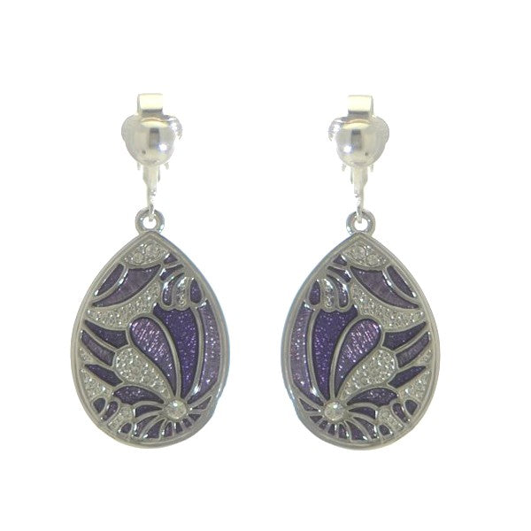 GAVRIELLA Silver Plated Purple Crystal Clip On Earrings