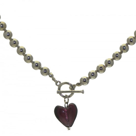 GEONNA Silver tone Ball Amethyst Heart T-Bar Necklace
