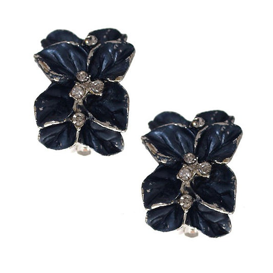 GLENDORA Silver tone Blue Flower Crystal Clip On Earrings