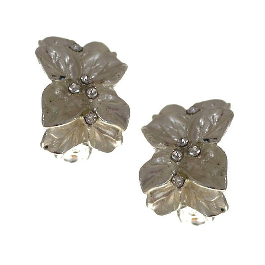 GLENDORA Silver tone White Flower Crystal Clip On Earrings