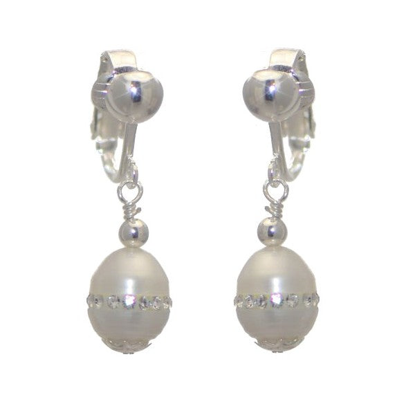 GWENDOLYN Silver Plated Freshwater Pearl with Crystals Clip On Earrings