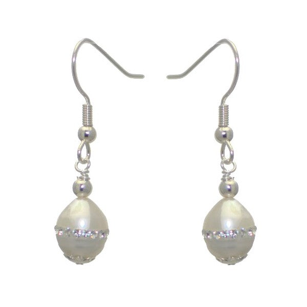 GWENDOLYN Silver Plated Freshwater Pearl with Crystals Hook Earrings