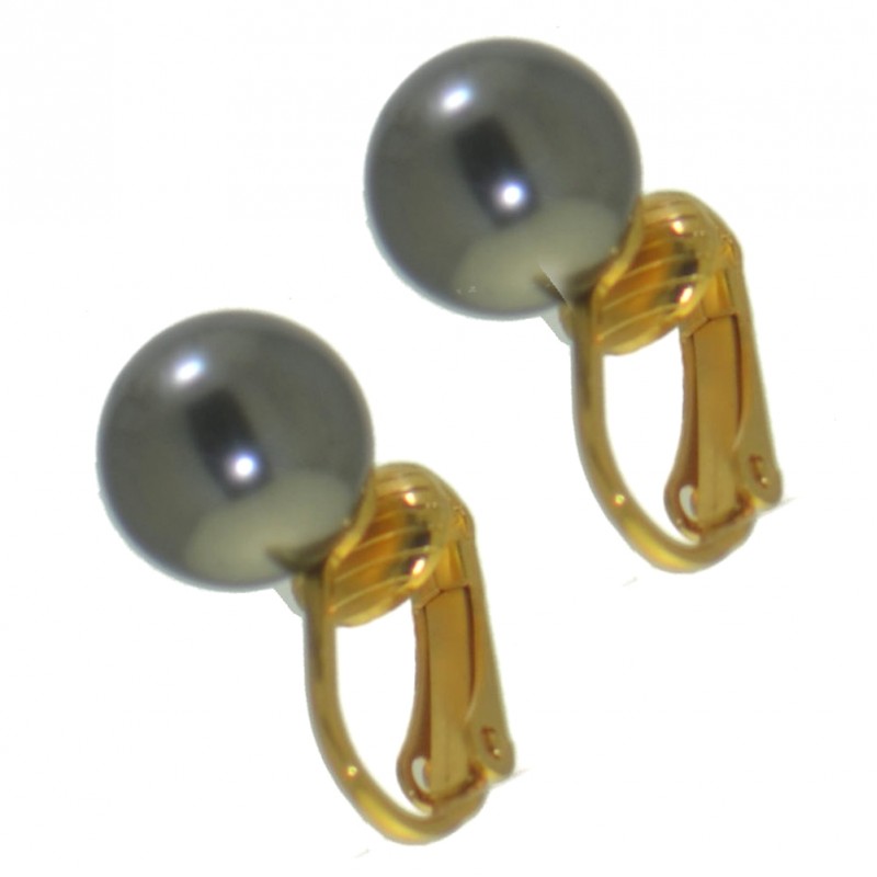 HADRIA 10mm gold plated dark grey faux Pearl Clip On Earrings