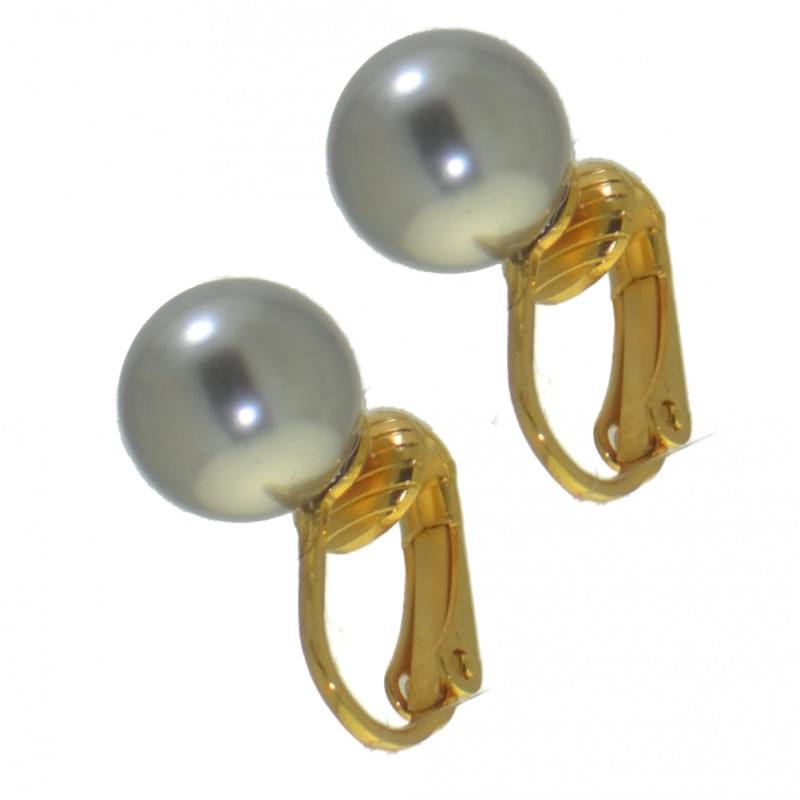 HADRIA 10mm gold plated dark grey faux Pearl Clip On Earrings