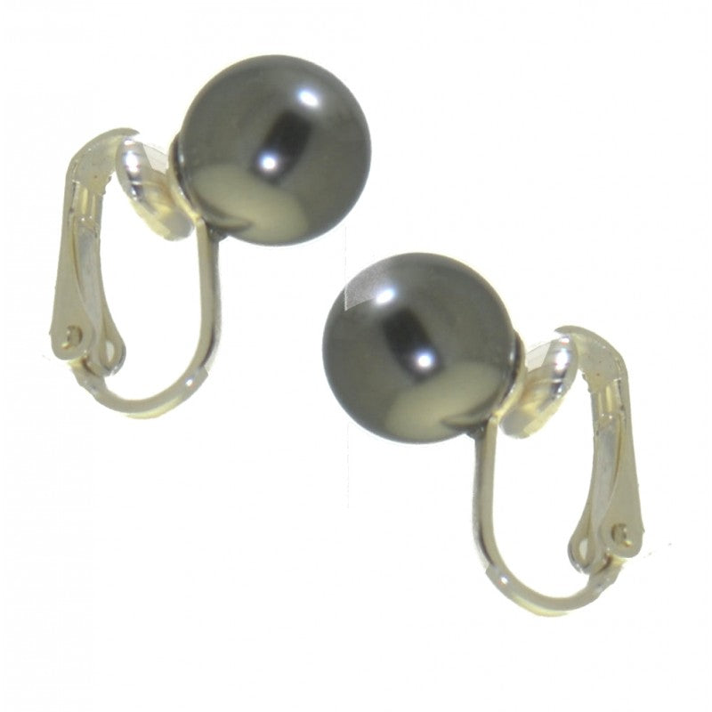 HADRIA 10mm silver plated dark grey faux pearl clip on earrings