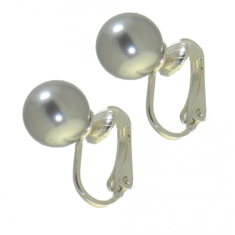 HADRIA 10mm Silver plated light grey faux Pearl Clip On Earrings