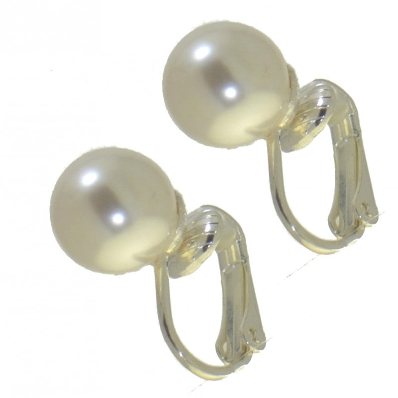 HADRIA 10mm Silver plated white faux Pearl Clip On Earrings