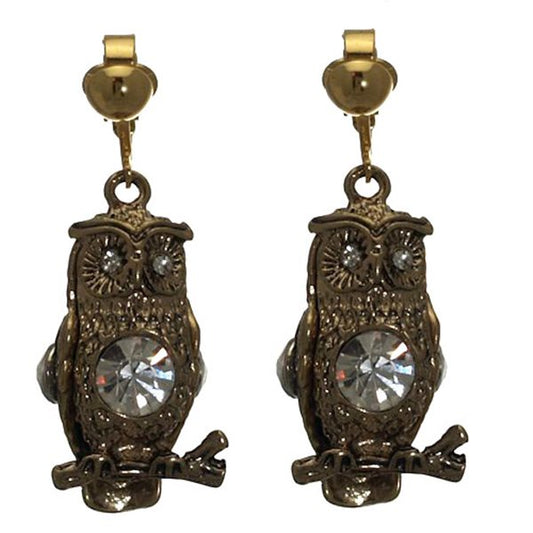 HARITA Gold tone Crystal Owl Clip On Earrings