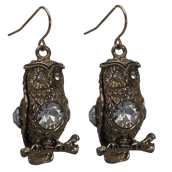 HARITA Gold tone Crystal Owl Hook Earrings