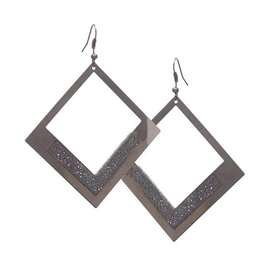 HARRIETA Silver tone Glitter Square Hook Earrings