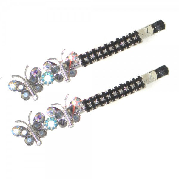 HATHOR Silver tone Hematite Crystal Butterfly Pair Hair Clips