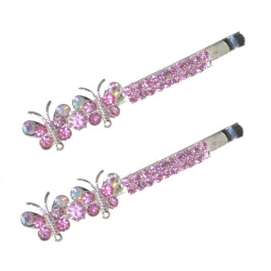 HATHOR Silver tone Pink Crystal Butterfly Pair Hair Clips