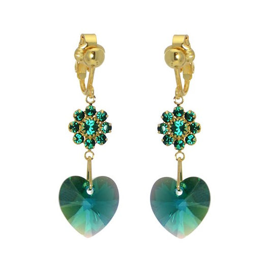 HEARTS & FLOWERS Gold Plated Emerald Crystal Clip On Earrings