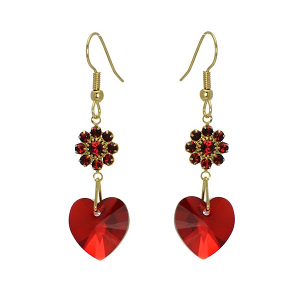 HEARTS & FLOWERS Gold Plated Siam Crystal Hook Earrings