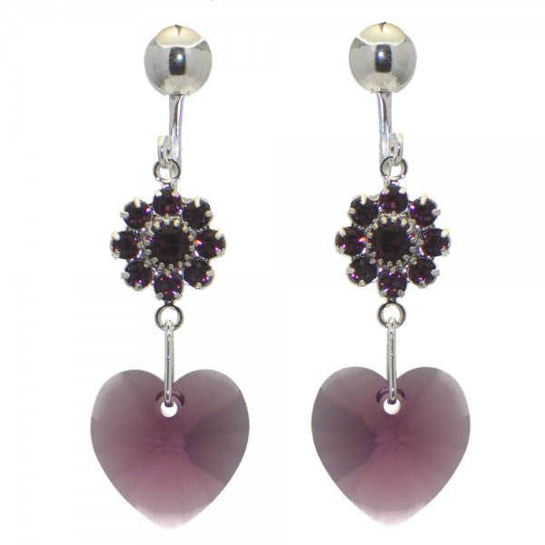 HEARTS And FLOWERS Silver Plated Amethyst Crystal Clip On Earrings