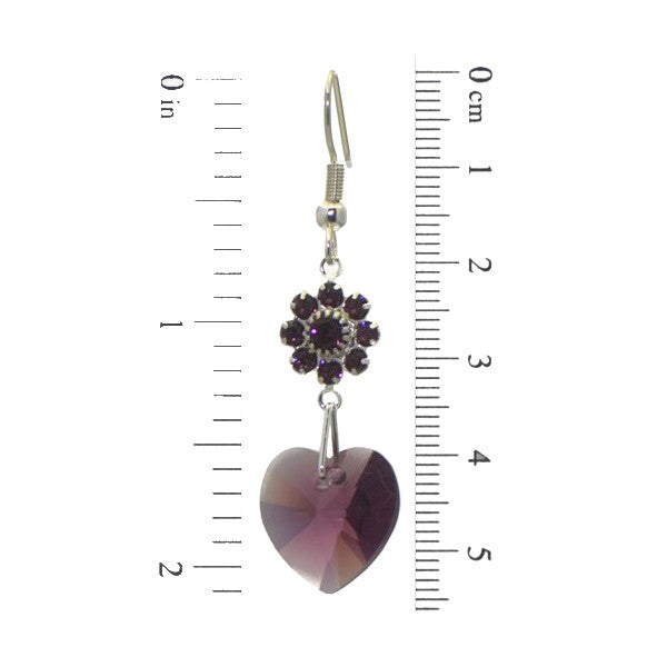 HEARTS And FLOWERS Silver Plated Amethyst Crystal Hook Earrings