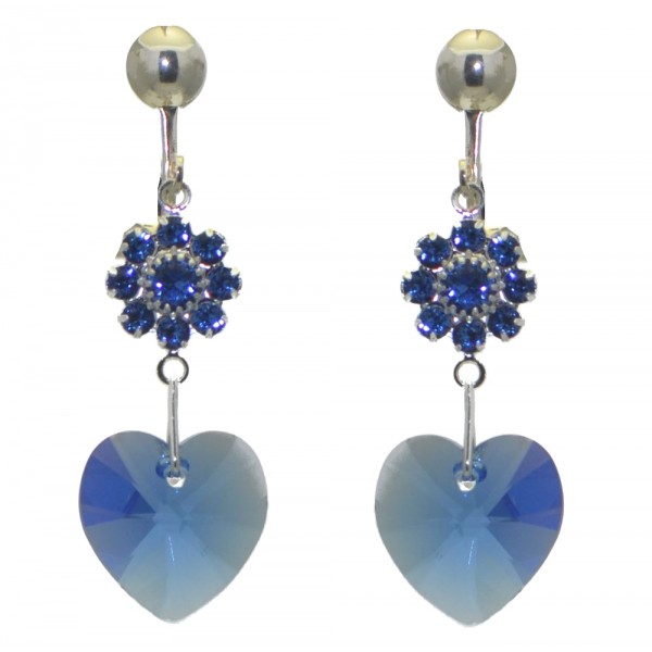 HEARTS And FLOWERS Silver Plated Sapphire Crystal Clip On Earrings