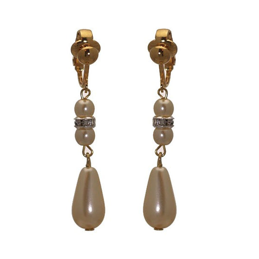 HIGH CLASS Gold plated Cream faux Pearl crystal Clip On Earrings