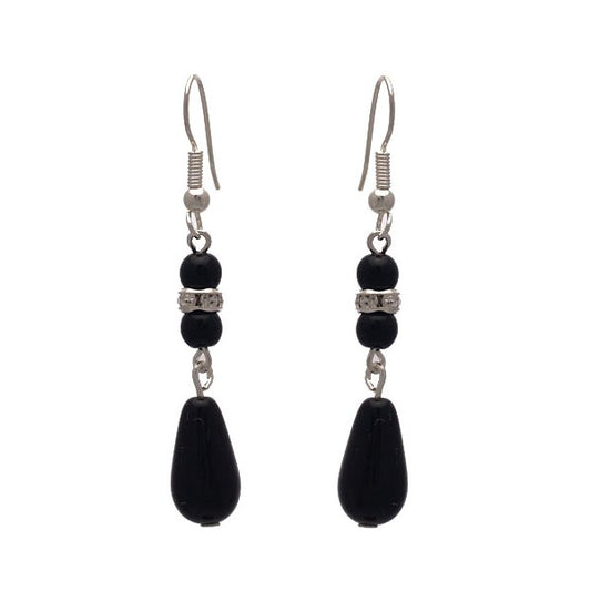 HIGH CLASS Silver tone Black Bead Crystal Hook Earrings